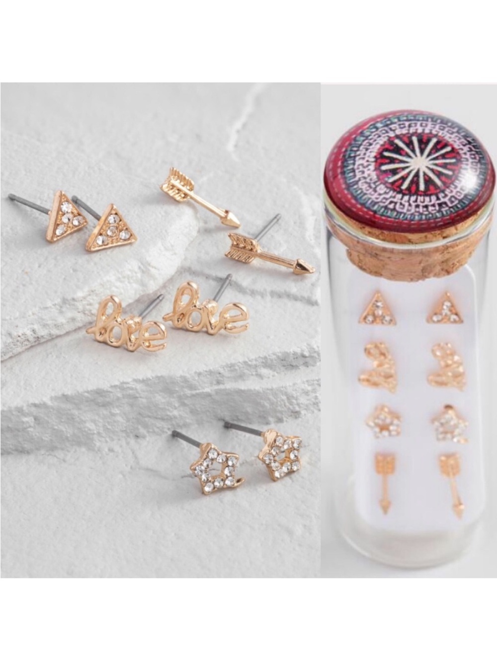 World Market Gold Stud Earrings 4 Pair Vial Gift Set